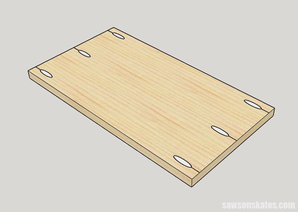 Sketch showing pocket hole locations for a DIY jelly cabinet's shelves