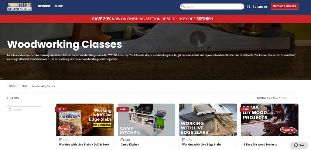 Screenshot of the online woodworking classes offered by Woodworkers Guild of America