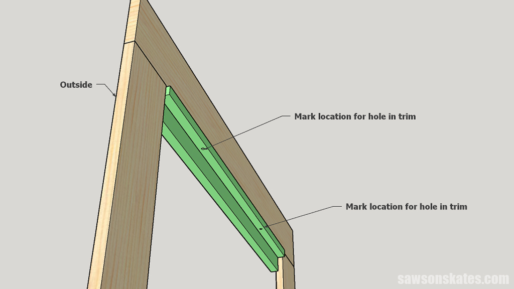 Diagram showing where to drill holes on window trim to mount a DIY storm window