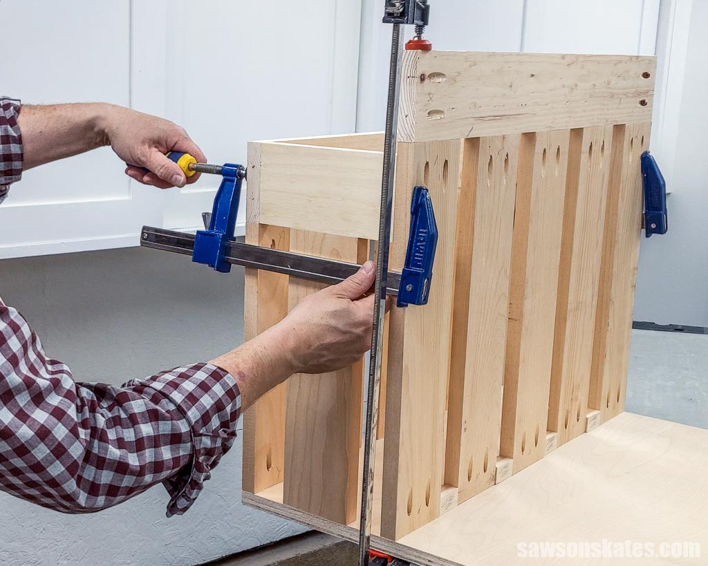Clamping a small DIY lumber cart's front assembly to the middle assembly