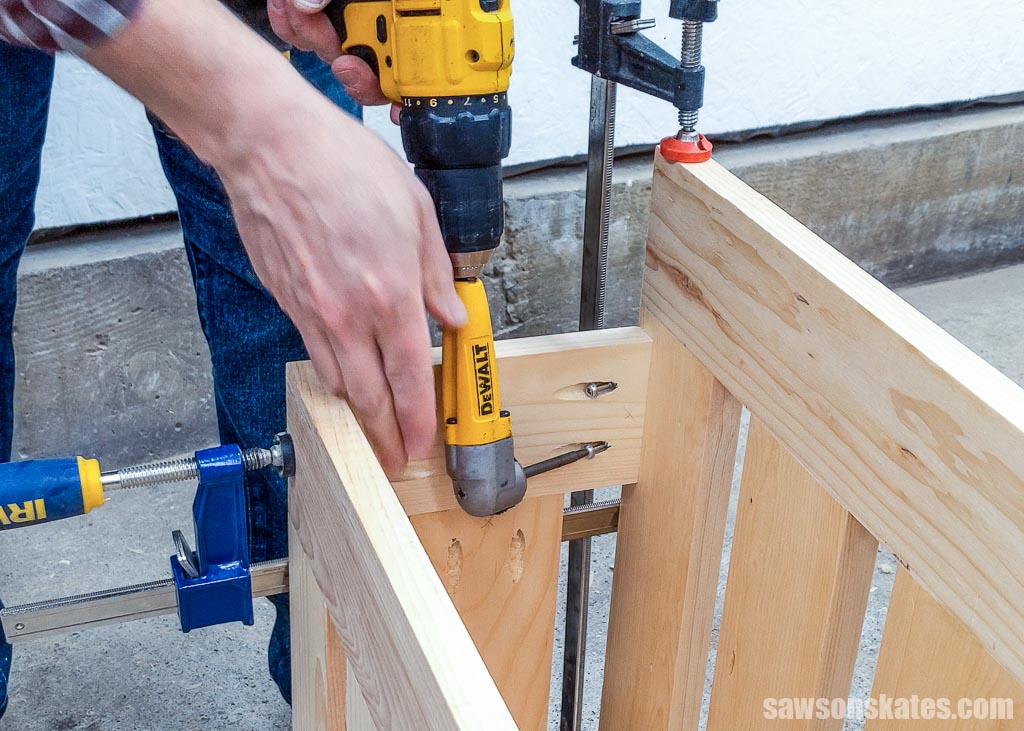 Using a right angle drill attachment to drive pocket screws