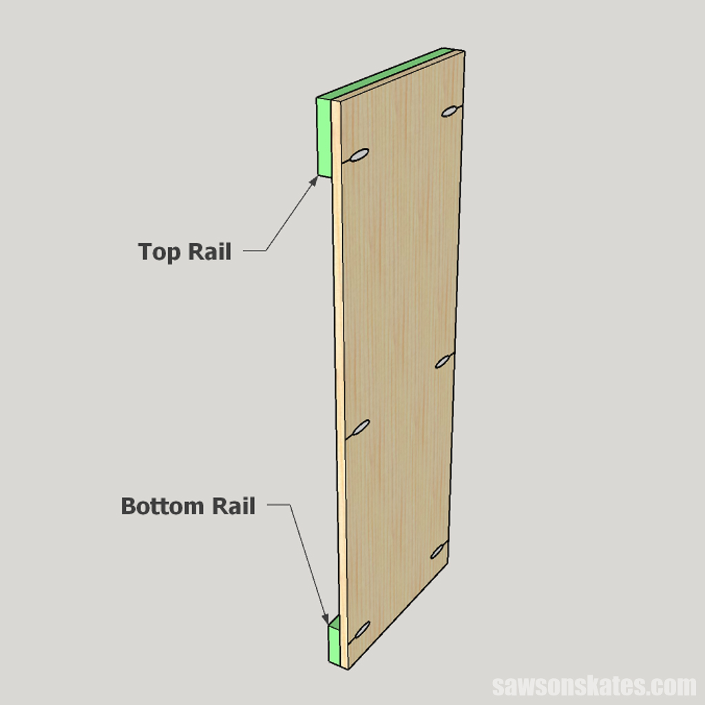 Sketch showing where to attach the top and bottom rail to a DIY wine cabinet's side panel