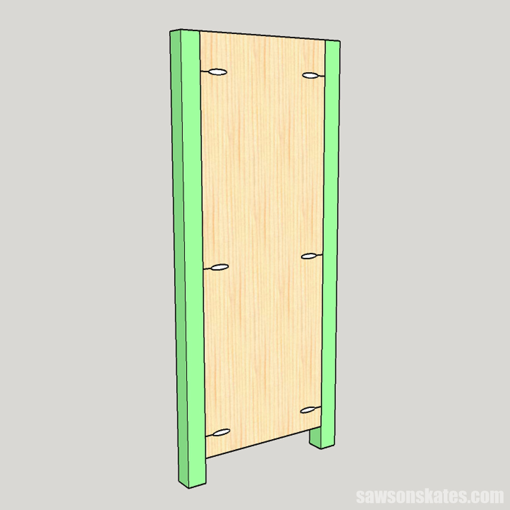 Sketch showing how to attach the legs to a DIY wine cabinet's side panel