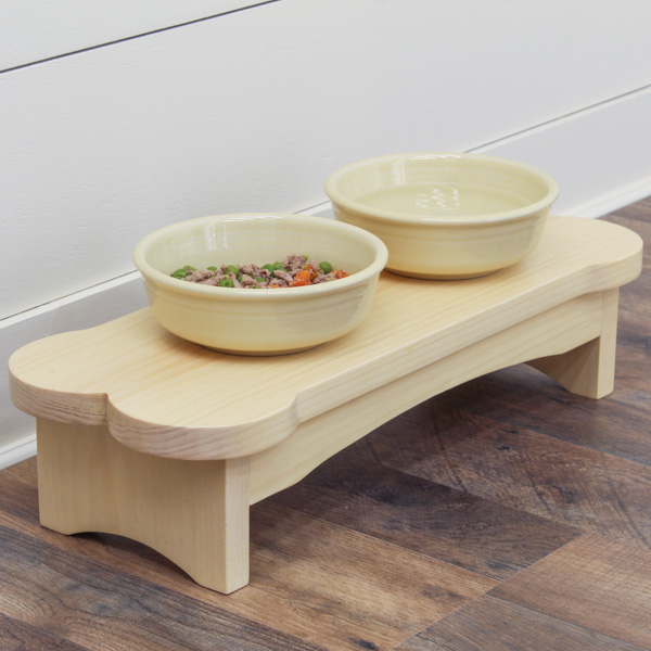 Wooden bone-shape dog bowl stand with two bowls