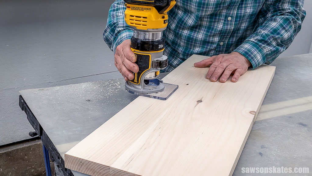 Rounding over the front edge of a DIY kitchen shelf with a router