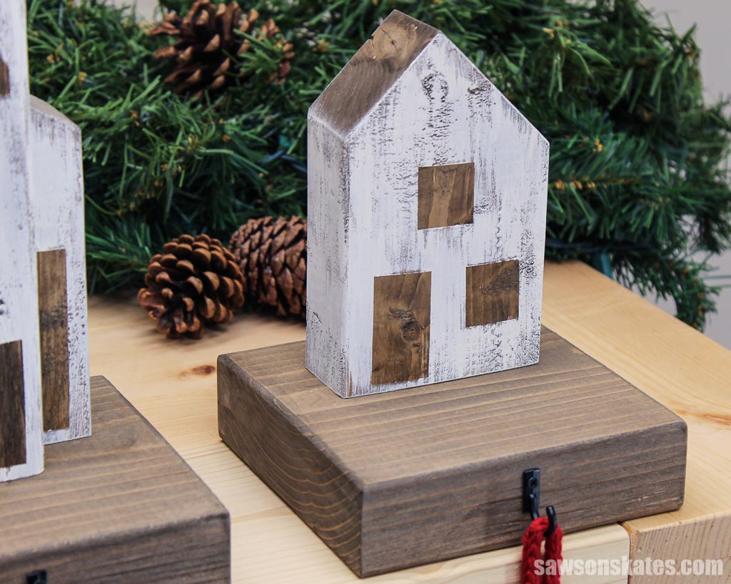 Saltbox-style DIY wood Christmas village stocking holder