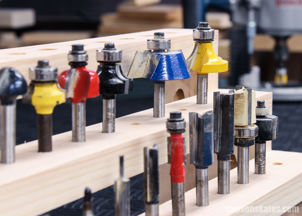 Rows of various bits in wood DIY router bit organizer