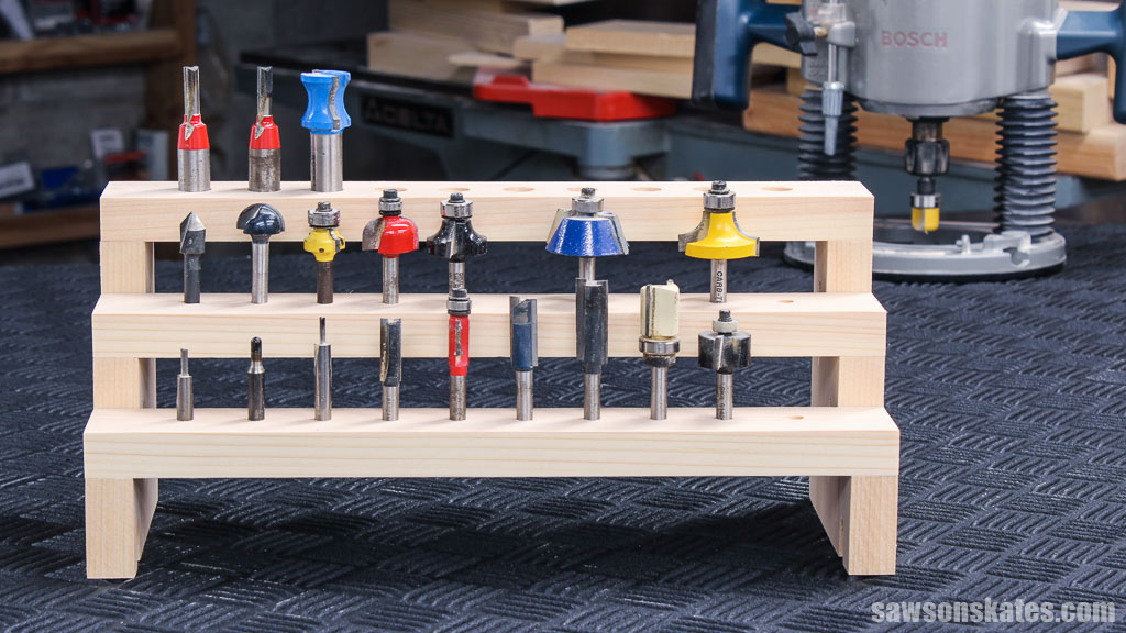 Front view of a DIY router bit organizer