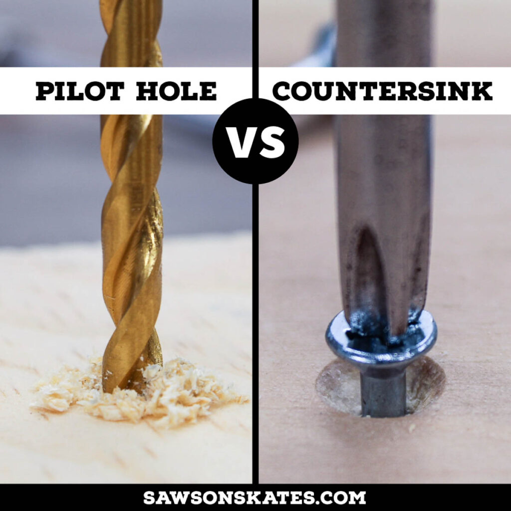 Text and images comparing a pilot hole vs a countersink hole
