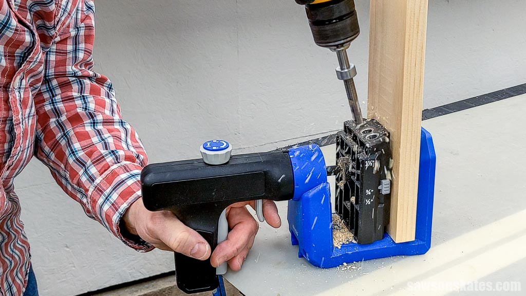 Drilling pocket holes in the side of a DIY air compressor cart