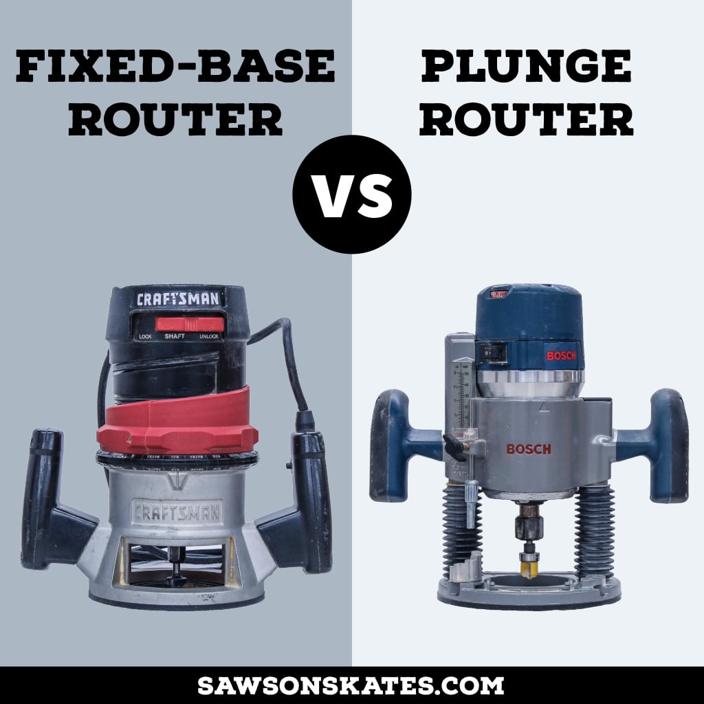 Plunge router vs fixed-base router comparison graphic with text and images of each