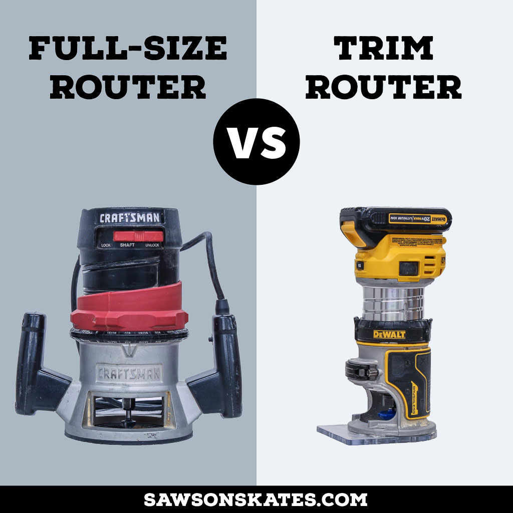 Trim router vs full-size router comparison graphic with text and images of each tool
