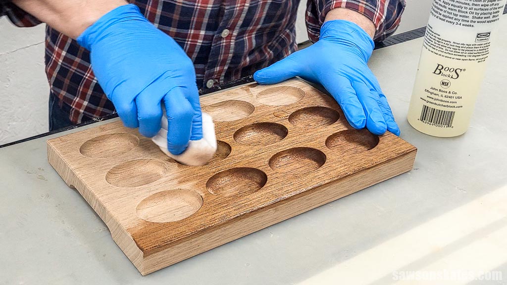 Applying a food-safe finish to a wooden DIY deviled egg serving tray