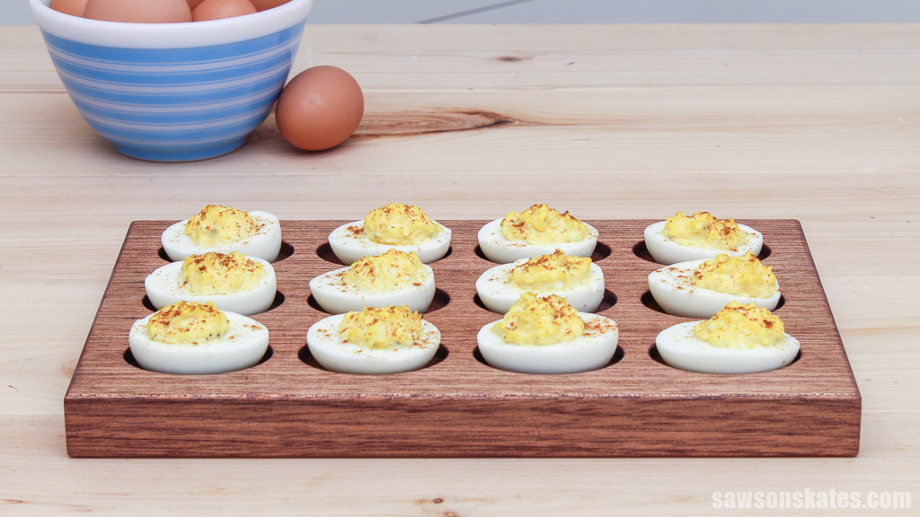 Sideview of a wood DIY deviled egg serving tray