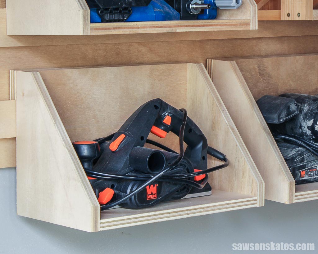 DIY tool storage shelf hanging on a French cleat