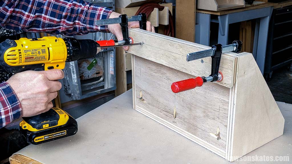 Attaching a French cleat to a DIY tool storage shelf with a drill