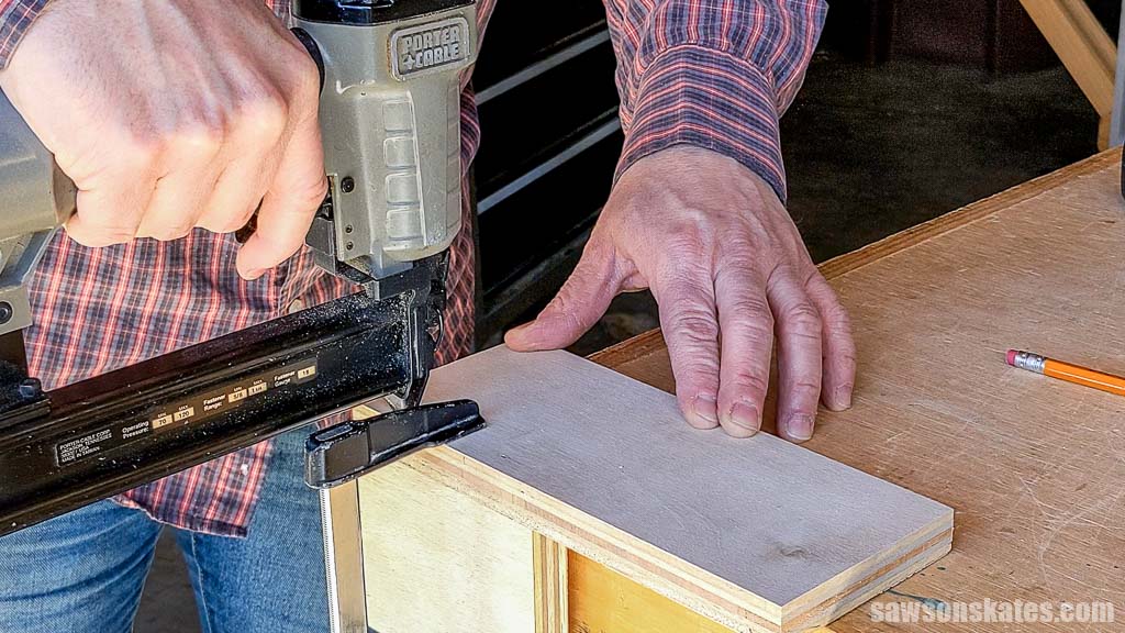 Attaching the front to a French cleat pencil holder with brad nails