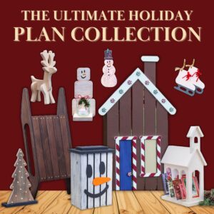 Nine wooden DIY Christmas projects with text The Ultimate Holiday Plan Collection