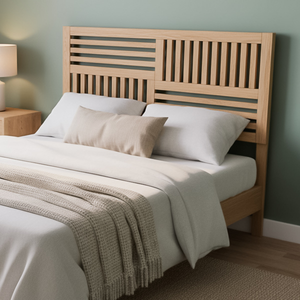 Angled view of a modern grid slat headboard in a bedroom