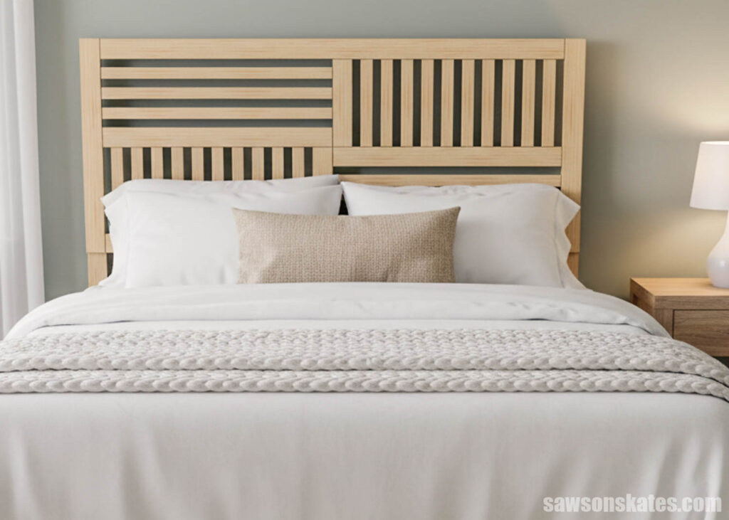 Front view of a modern grid slat headboard in a bedroom