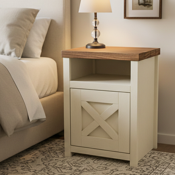 Farmhouse-style nightstand next to a bed