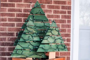 wooden Christmas trees with lights