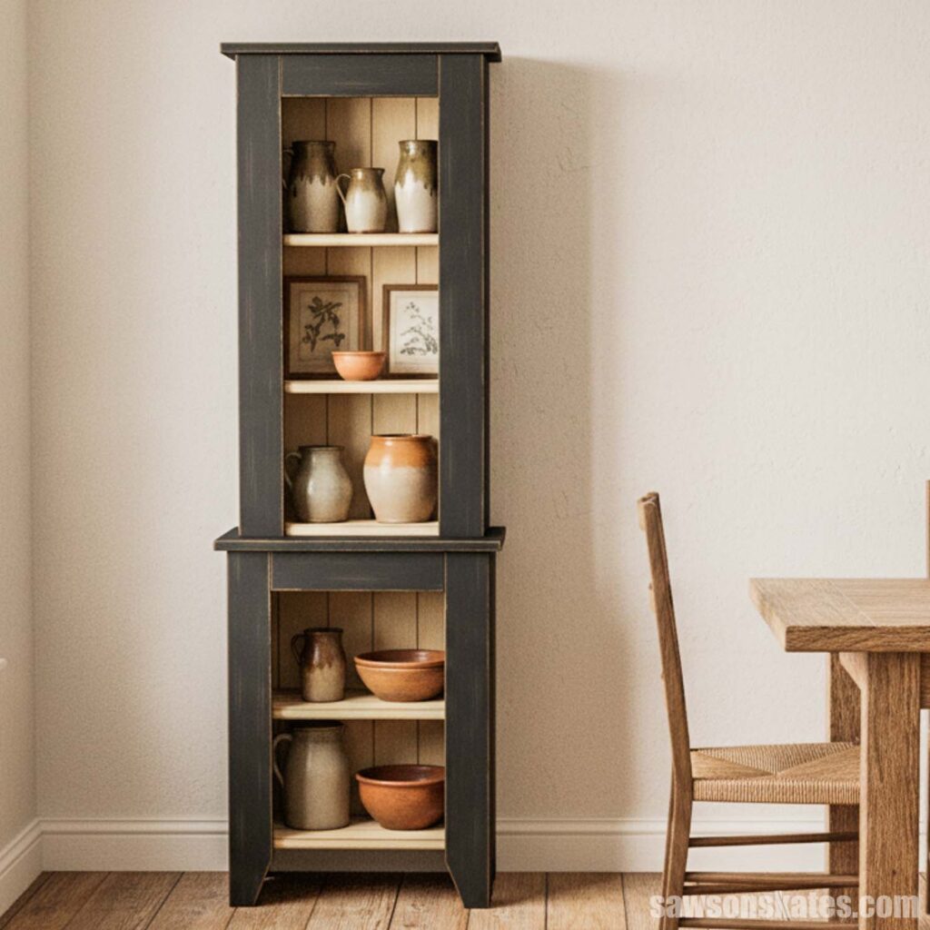 Front view of a primitive-style hutch filled with pottery