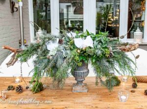 tabletop Christmas planter with greenery