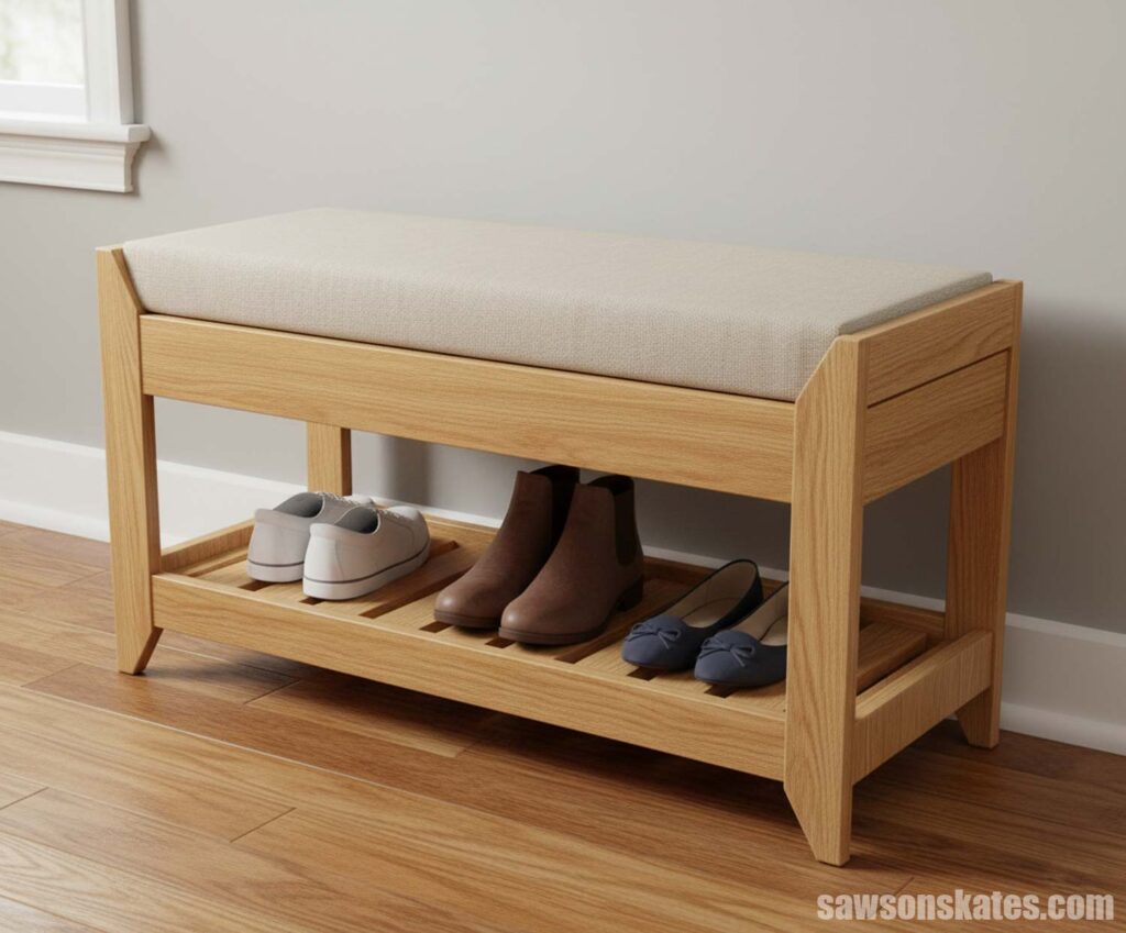 Wooden shoe bench with a cushion and slated shelf placed against a wall