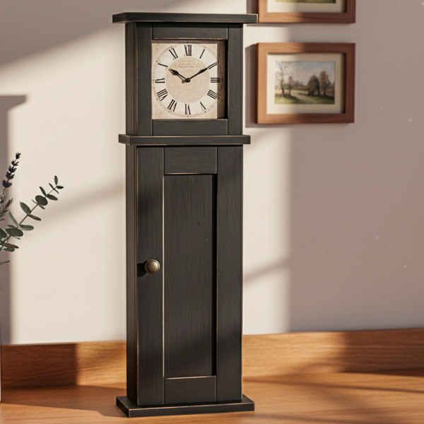 Wooden tabletop clock on a sideboard