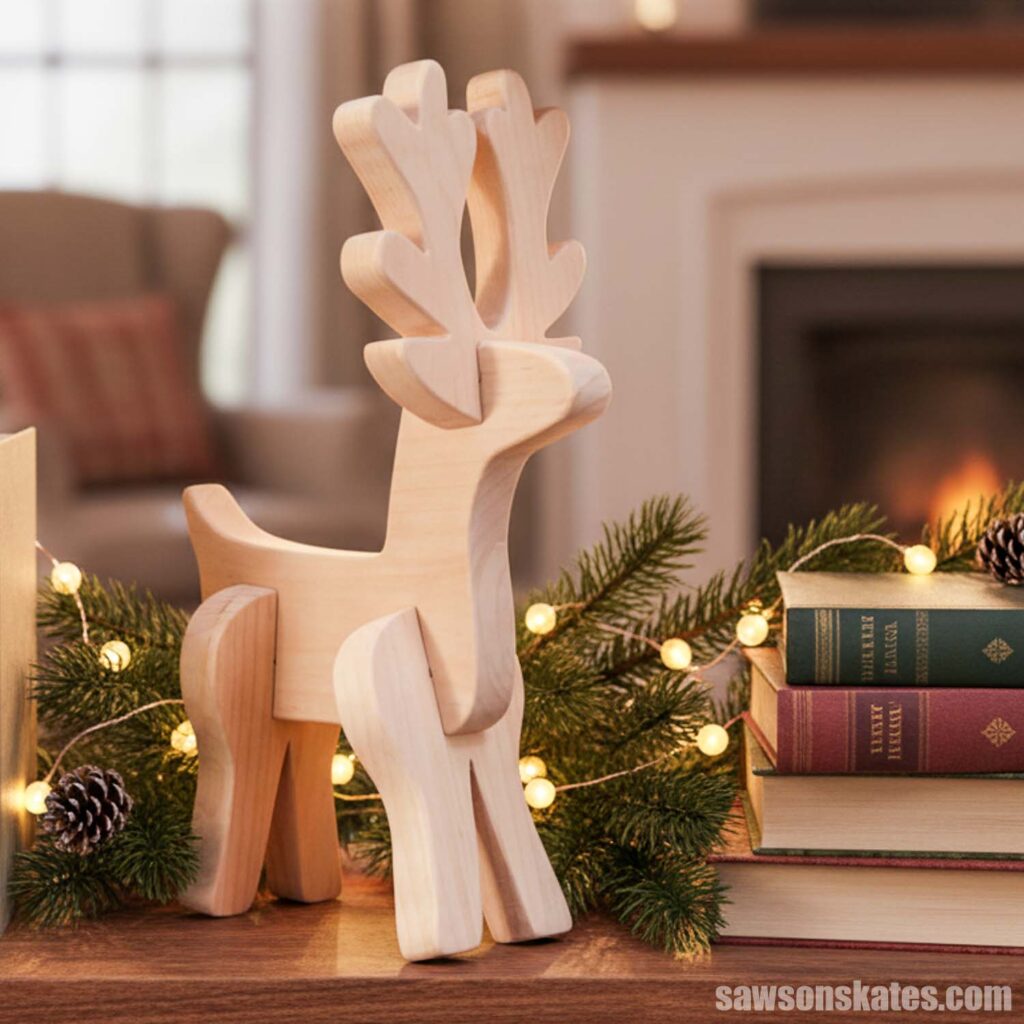 Wooden tabletop reindeer on bookshelf layered with books, pinecones, greenery, and twinkle lights.