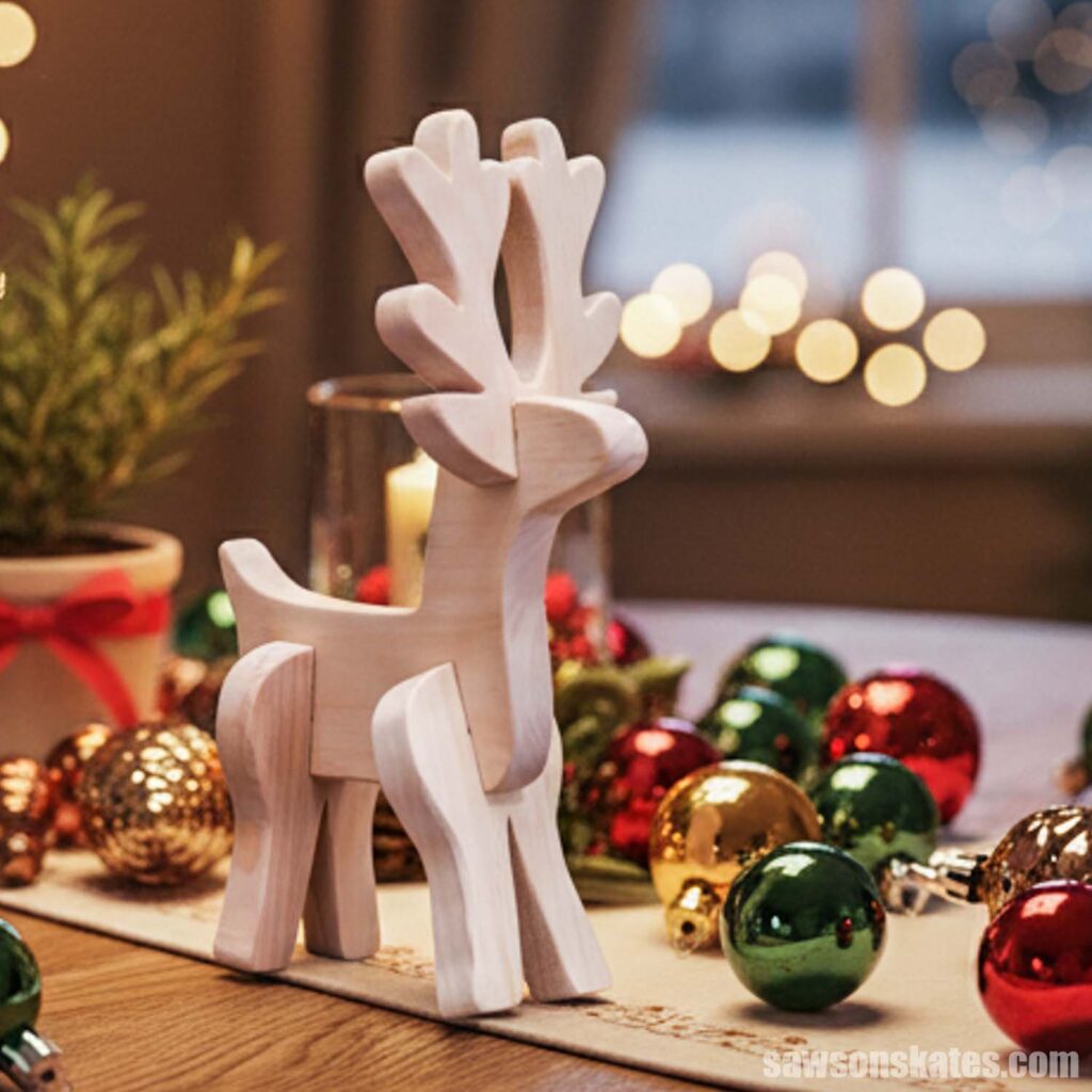 Wooden tabletop reindeer as dining table centerpiece with ornaments.