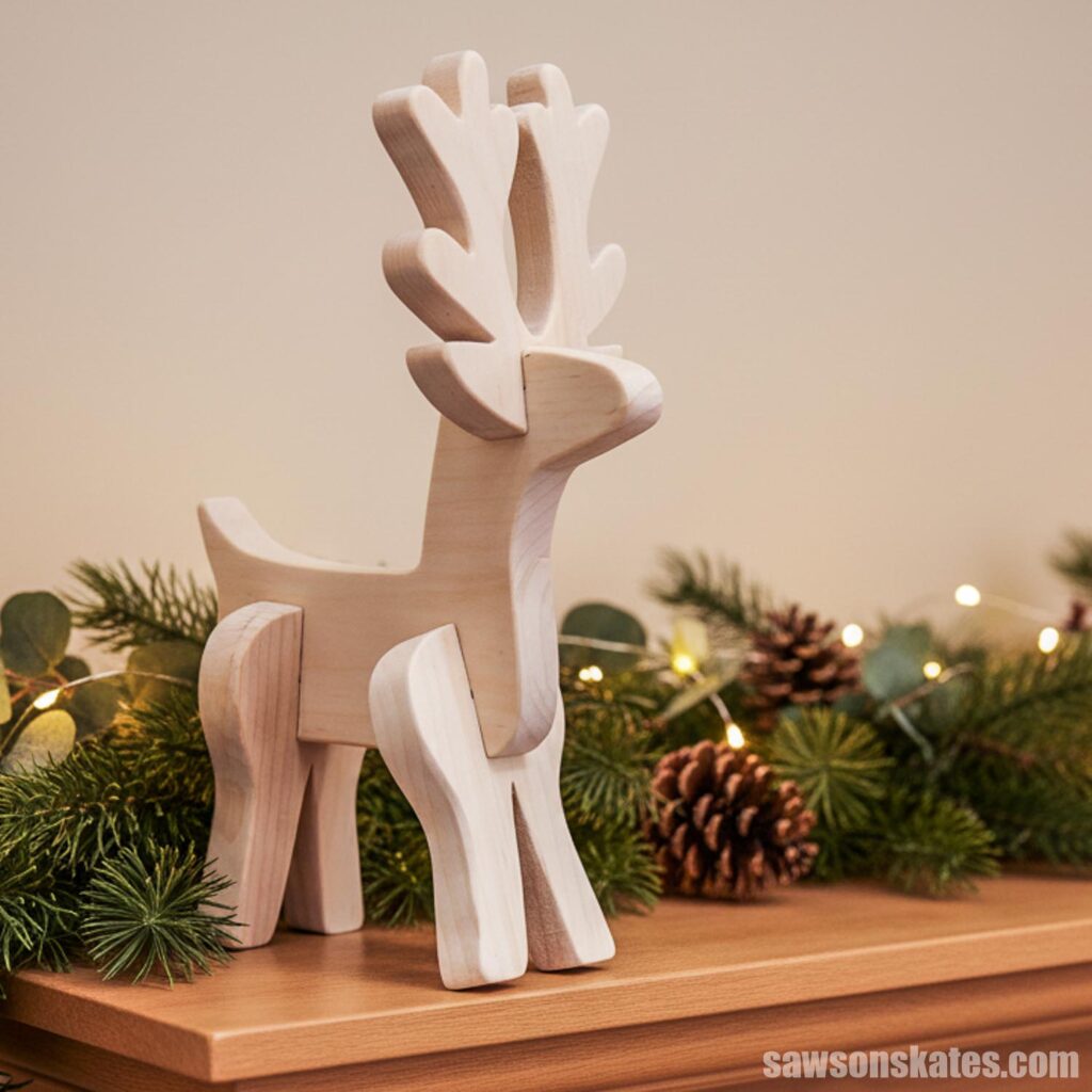Wooden tabletop reindeer styled on a mantel with greenery and twinkle lights.