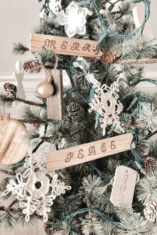 wood ornaments on tree