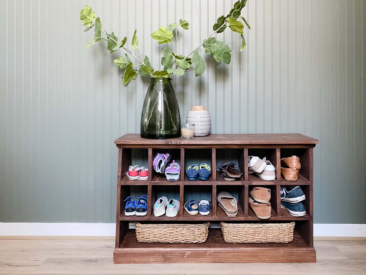 wood shoe storage bench with baskets