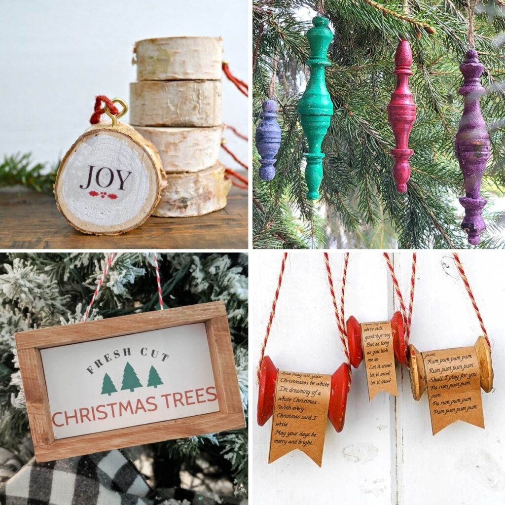collage with 4 images diy wooden christmas ornaments