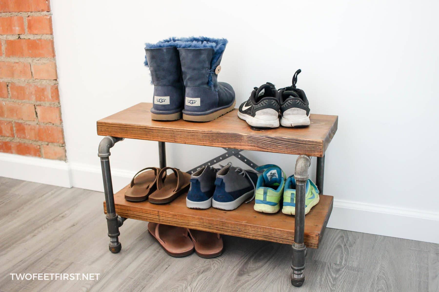 modern shoe storage with pipes