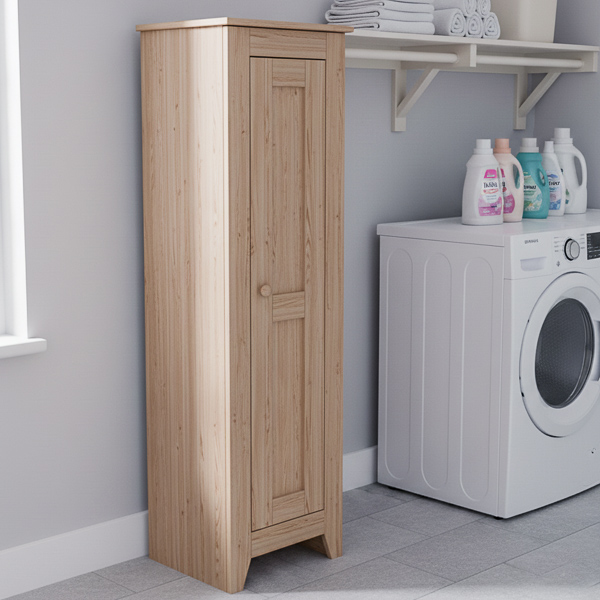 Tall, narrow broom closet next to a washing machine