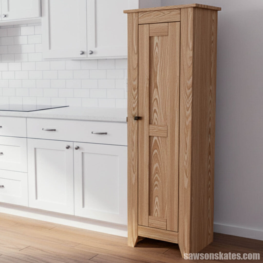 Narrow storage cabinet in a kitchen