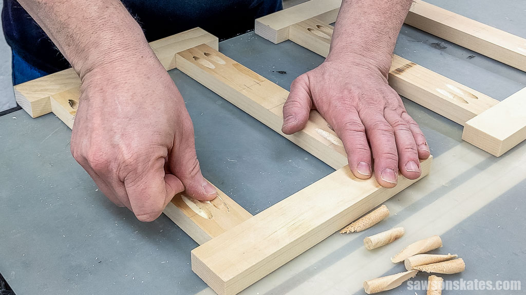 Pressing a pocket hole plug into a pocket hole