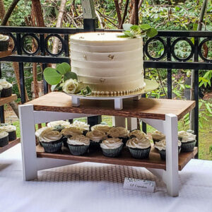 DIY cake and cupcake stand with a cake and cupcakes