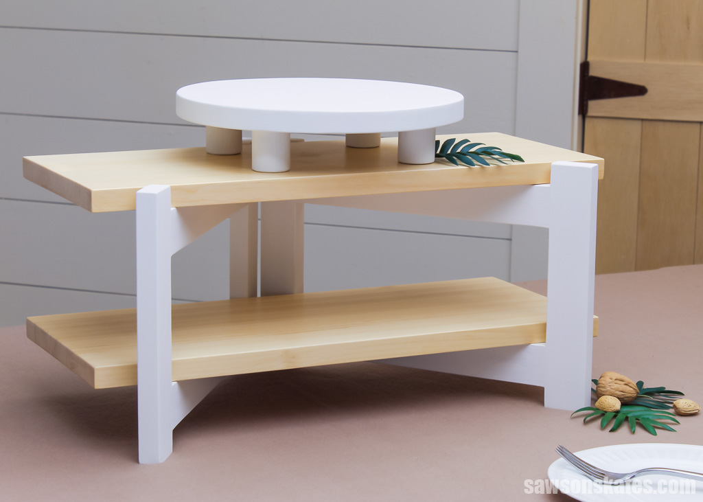 Sideview of an empty homemade cake and cupcake stand