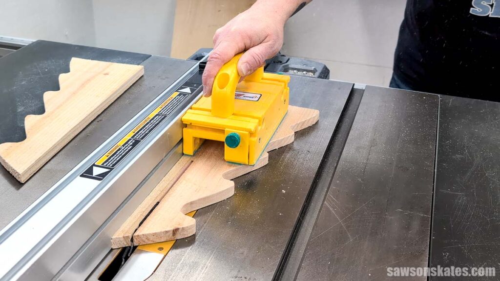 Ripping a narrow section off a board with a table saw