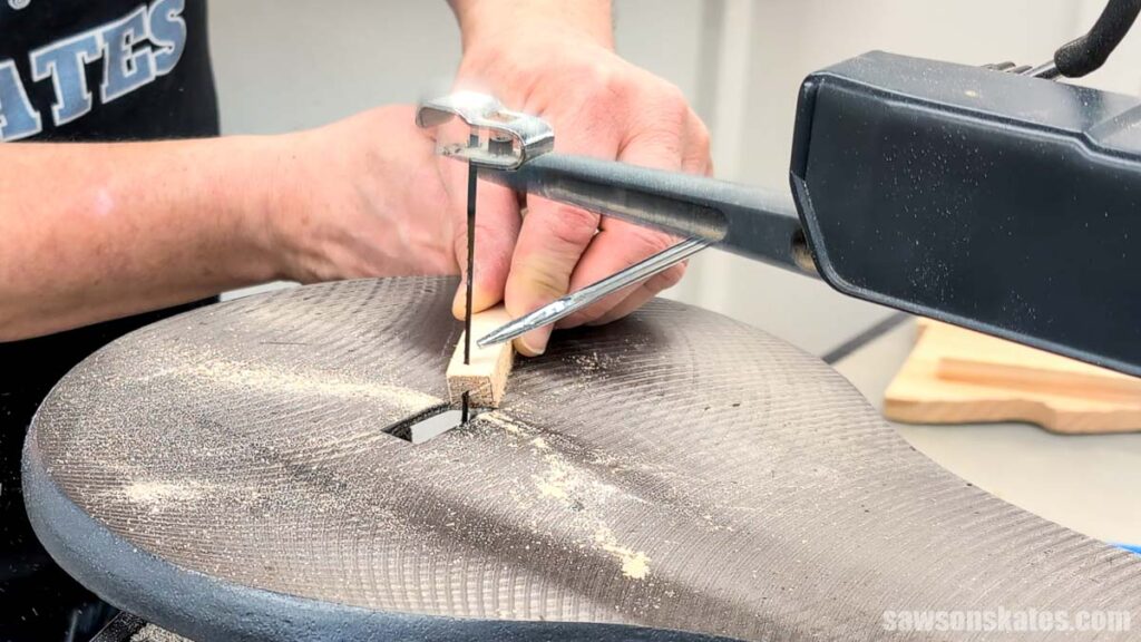 Using a scroll to cut an angle on the end of a board