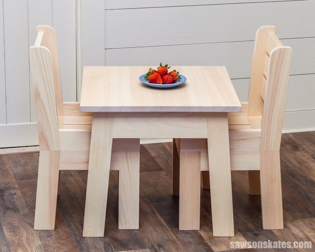 Sideview of a DIY toddler-sized chairs and table