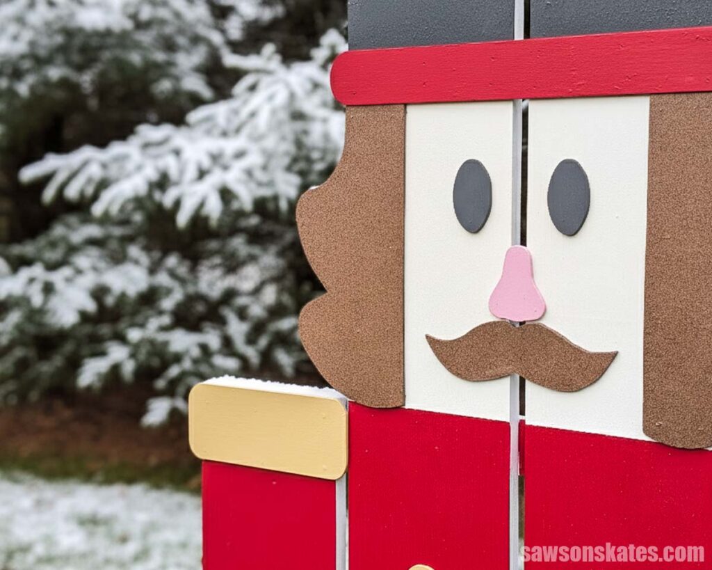 Closeup of a DIY wood nutcracker's face