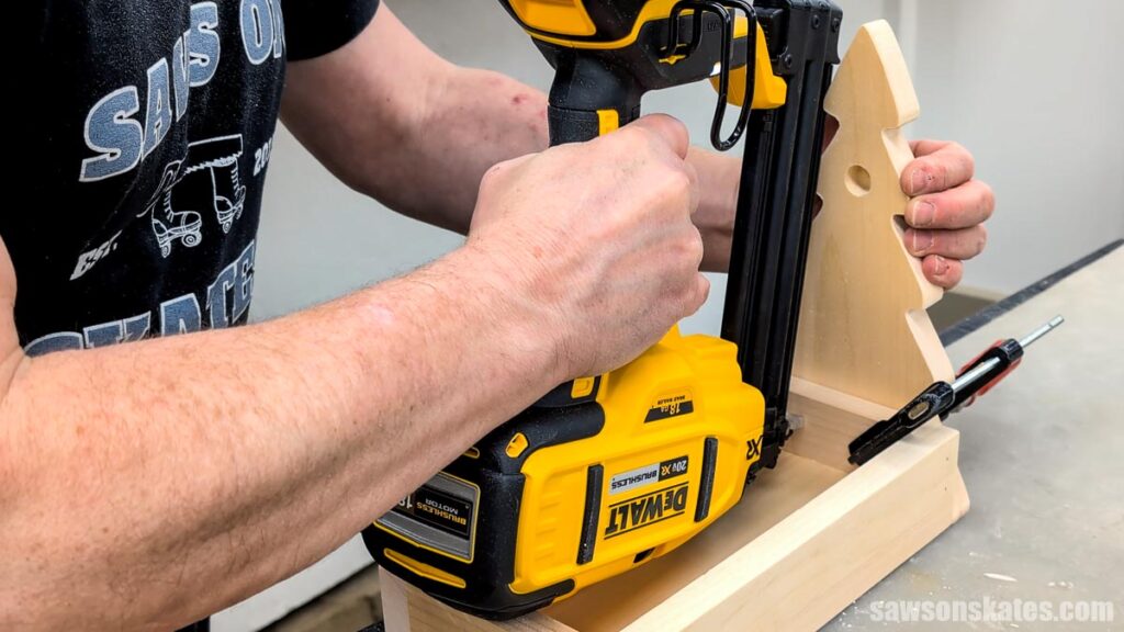 Using a brad nailer to assemble a hot cocoa caddy
