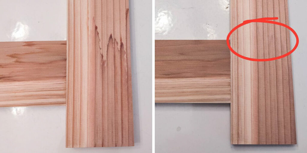 Left: Board with a stain. Right: Board with the stain removed.