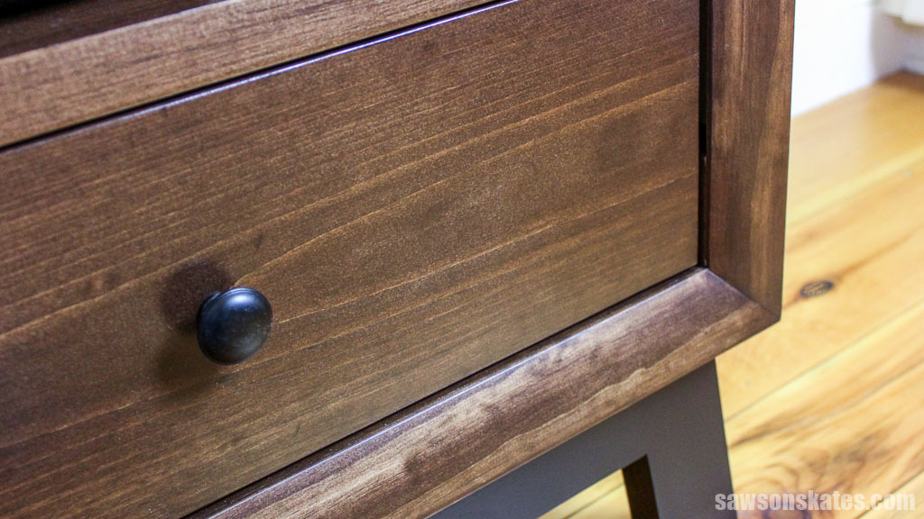 Closeup of a DIY nightstand's molding