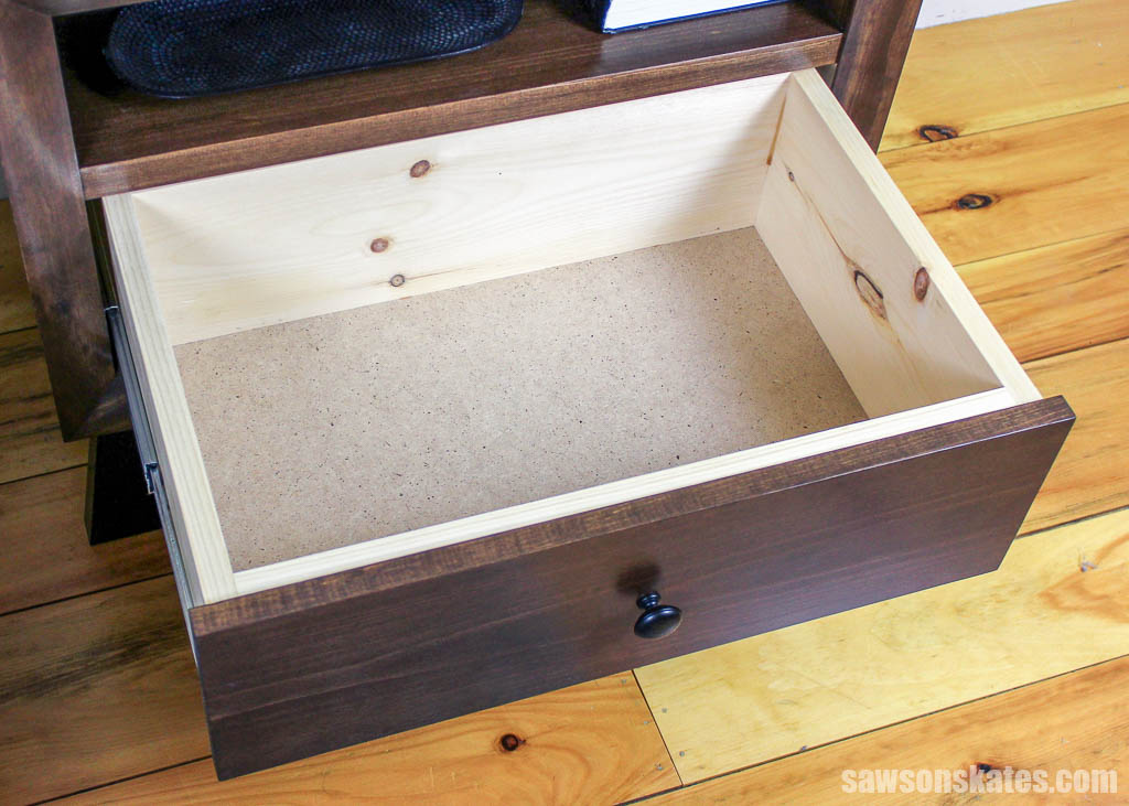 DIY mcm nightstand with its drawer open